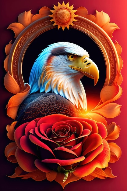 Una pintura de un águila calva con una rosa roja en el centro.