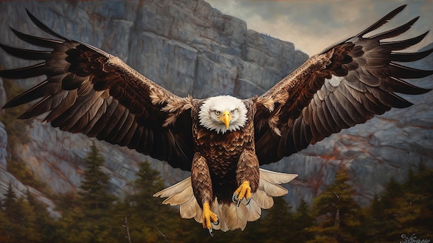 Foto una pintura de un águila calva volando frente a una montaña.