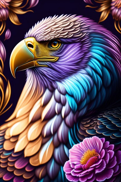 Una pintura de un águila con una flor morada en la espalda.