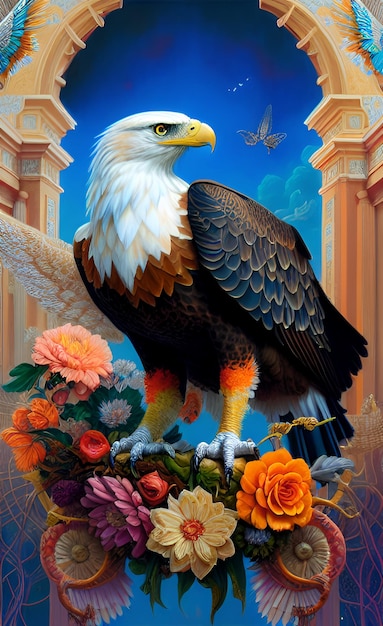 Una pintura de un águila con flores en el fondo.