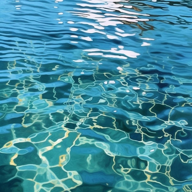 Pintura al agua de un agua azul con reflejos de un yate.