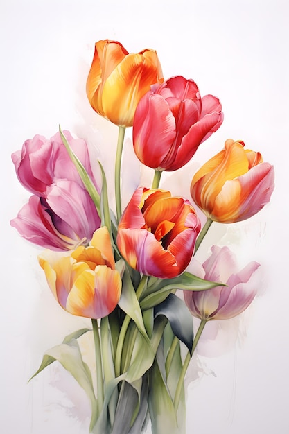 pintura al agua de varios hermosos tulipanes