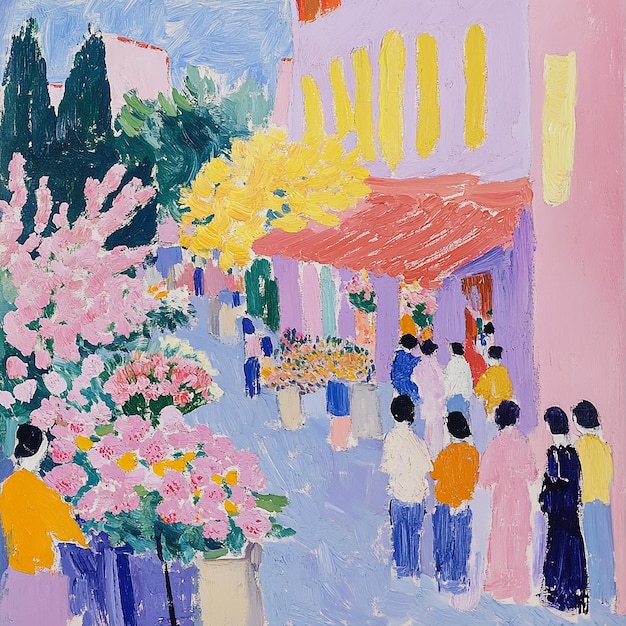 Pintura al estilo de Henri Matisse de un mercado de flores al aire libre con tonos rosados pálidos