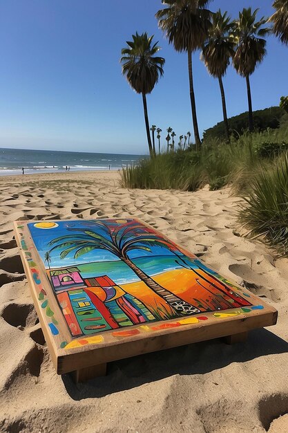 Foto pintura al estilo hundertwasser en una playa con palmeras