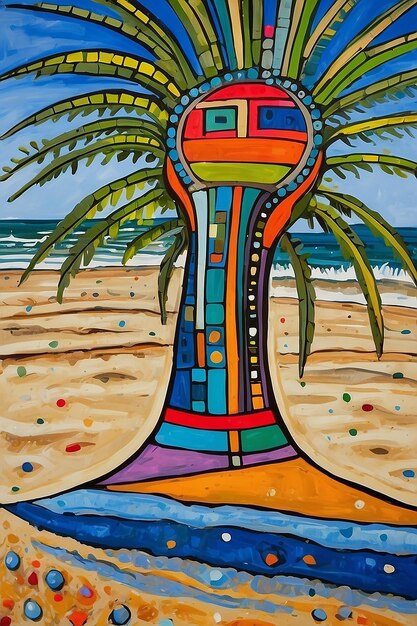 Foto pintura al estilo hundertwasser en una playa con palmeras