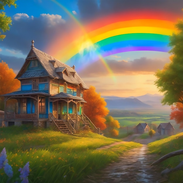 Una Pintura Al Óleo De Un Arco Iris Sobre Un Pueblo Rural Abandonado Con Estilo Clásico Hd Uhd 4k Línea Fina