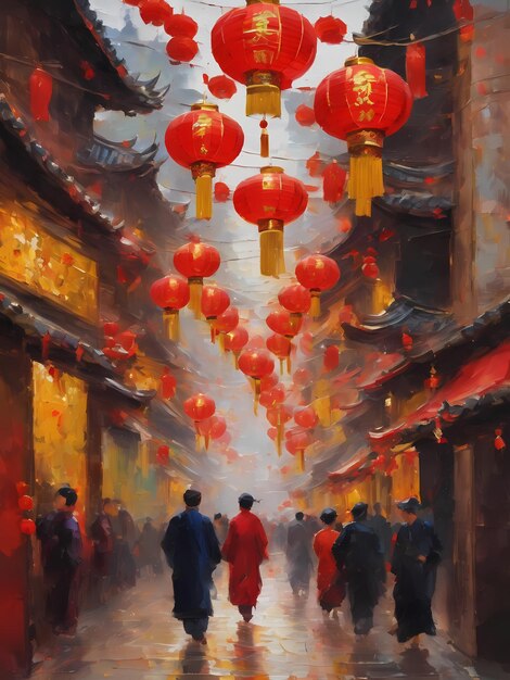 Pintura Al Óleo Celebraciones Del Año Nuevo Chino En Chinatown Con Linternas Rojas