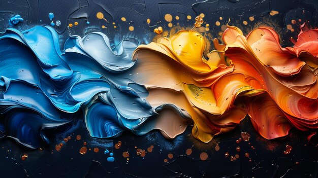 Pintura al óleo abstracta mural obra de arte moderna manchas de pintura trazos de pintura elementos dorados naranja oro azul cuchillo pintura al óleo con trazos grandes