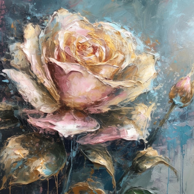 Pintura al óleo abstracta de una rosa rosa dorada y ligera.