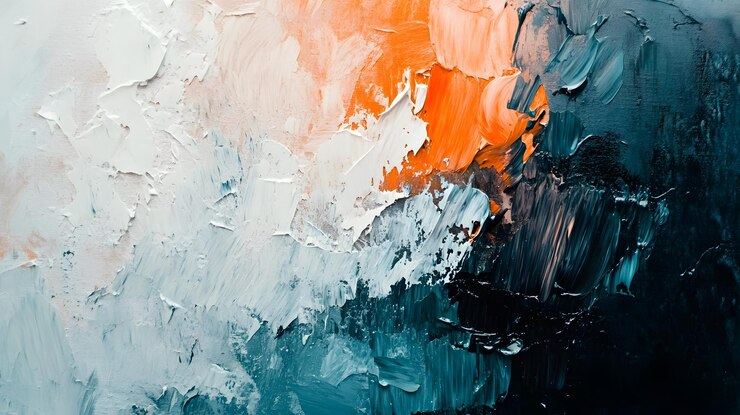 Pintura al óleo abstracta con tonos de naranja blanco y azul