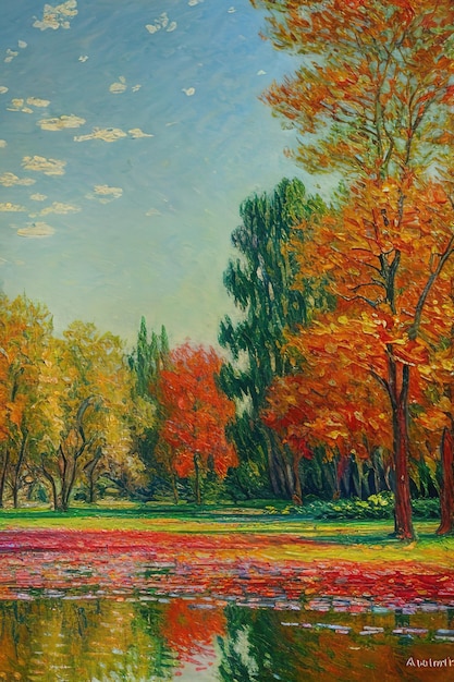 Pintura al óleo al estilo de Monet parque de otoño colores cálidos generados por Ai