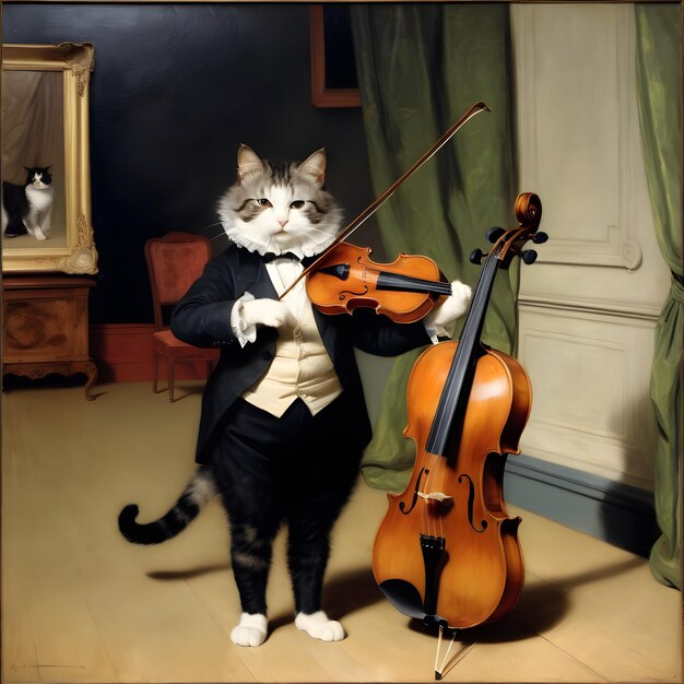 Esta pintura al óleo de alto brillo de un gato de pie y tocando el violín es una pieza hermosa que ma