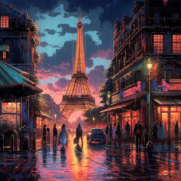 una pintura al óleo de una animada escena callejera parisina