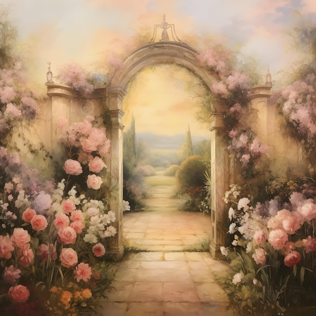 Una pintura al óleo antigua de un jardín floral.