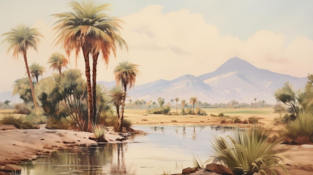 Foto pintura al óleo antigua de palmeras y arroyo en estilo mesopotámico