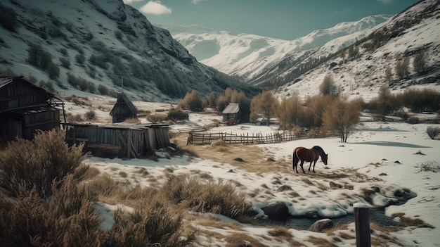 Pintura al oleo de una cabaña en un valle con nieve Generado con IA