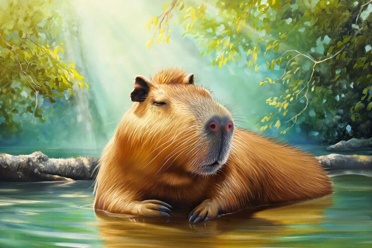 Foto pintura al óleo capybara está de pie en un exuberante bosque tropical verde hydrochoerus disfrutando de un día soleado en el bosque tropical