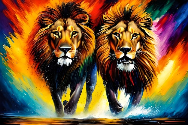 Pintura al oleo cara de dos leones