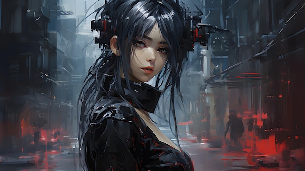 Pintura al óleo de una chica de anime cyberpunk