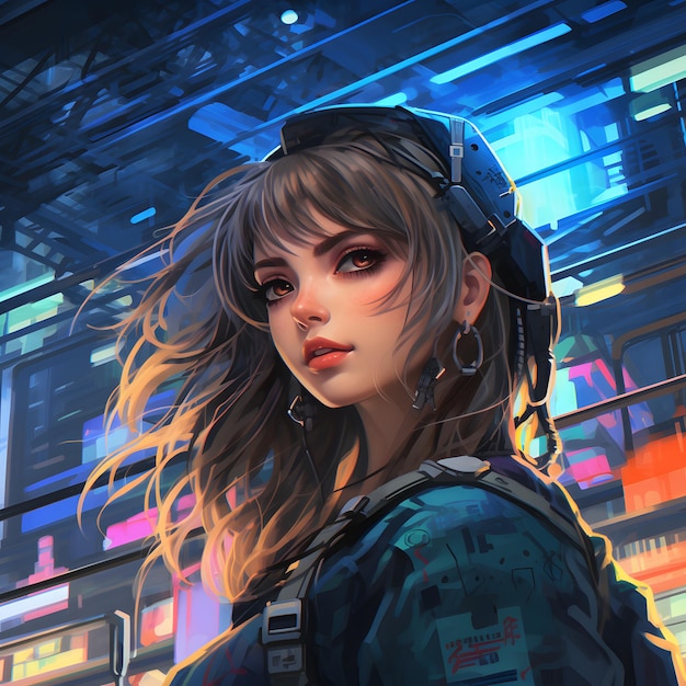 Pintura al óleo de una chica de anime cyberpunk