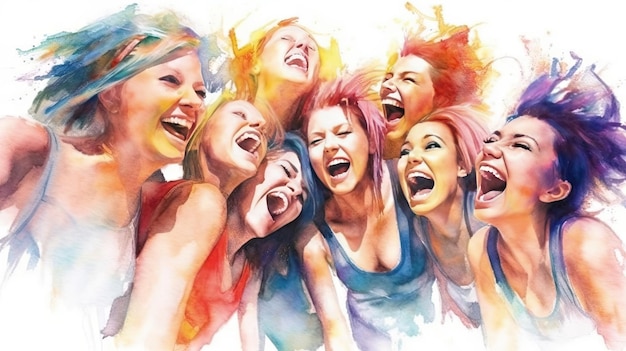 Pintura al óleo en colores pastel de un grupo de niñas adultas estilo feliz y emocionado de diseño de sitios web fondo blanco en blanco linda nacionalidad mixta Tecnología de IA generativa