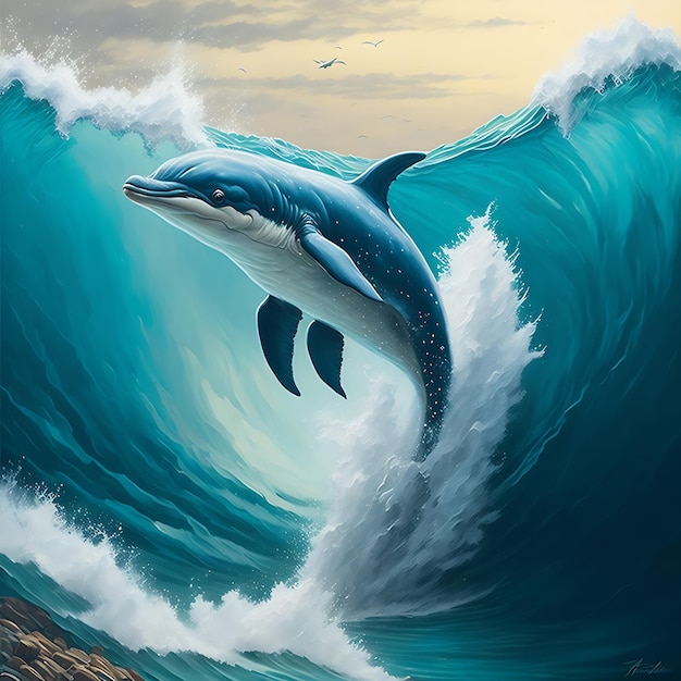 Pintura al óleo de delfines marinos