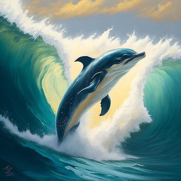 Pintura al óleo de delfines marinos