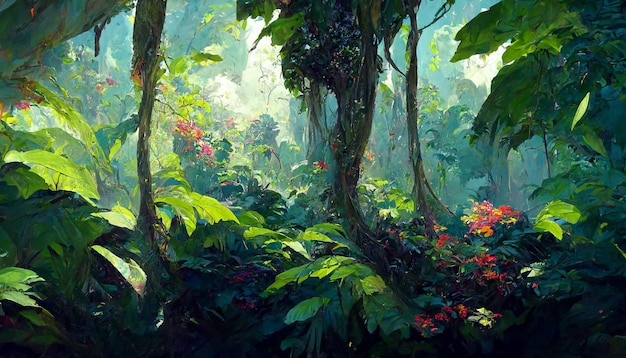 Pintura al óleo del dosel de la selva flores de hojas grandes representación 3D detallada