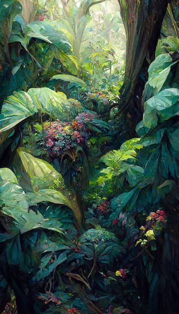 Pintura al óleo del dosel de la selva flores de hojas grandes representación 3D detallada