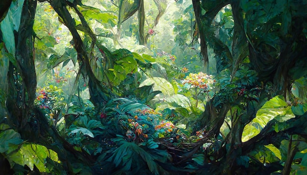 Pintura al óleo del dosel de la selva flores de hojas grandes representación 3D detallada