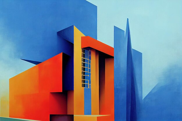 Pintura al óleo de edificio en estilo de arte Bauhaus Color azul marino naranja amarillo