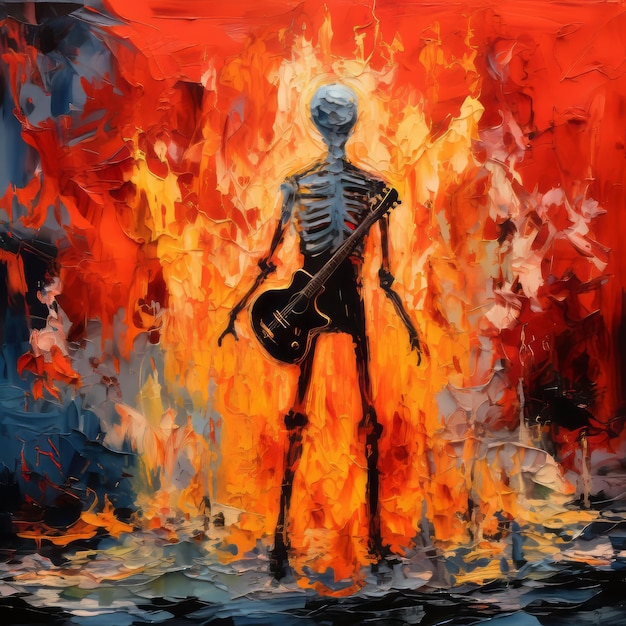 Pintura al óleo de un esqueleto de rock and roll en llamas
