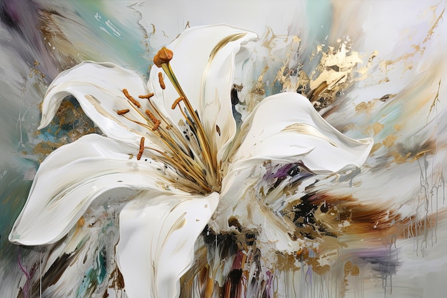 Pintura al óleo floral abstracta Lirio dorado y blanco