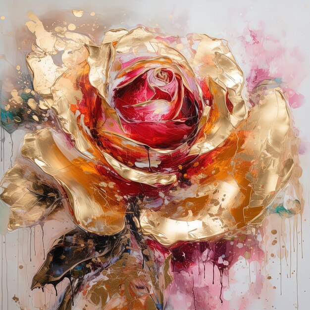 Pintura al óleo floral abstracta Rosa dorada y roja sobre fondo blanco IA generativa