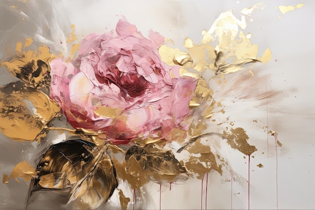 Pintura al óleo floral abstracta rosa pastel dorado y rosa sobre fondo blanco