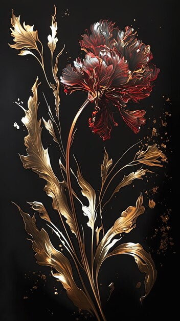 Pintura al óleo floral de lujo Clavel dorado y rojo sobre fondo negro