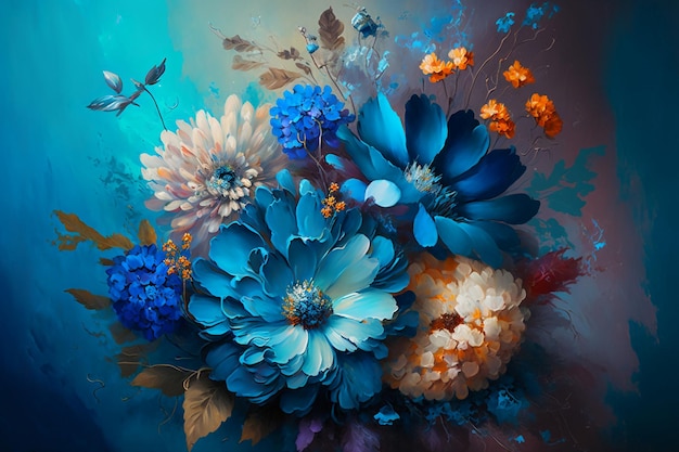 Pintura al óleo de flores azules y flores de colores.