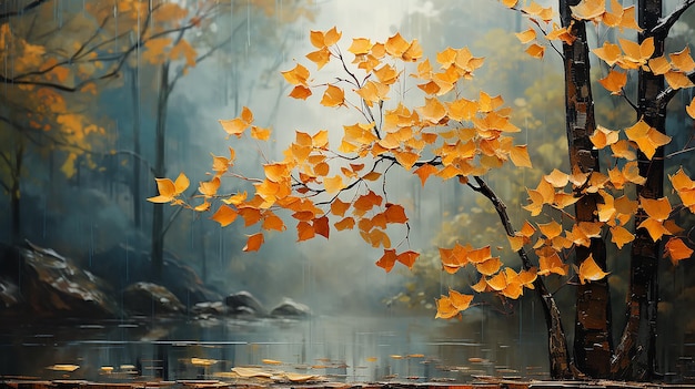 pintura al óleo grandes pinceladas ramas de otoño amarillas con hojas de fondo de otoño.