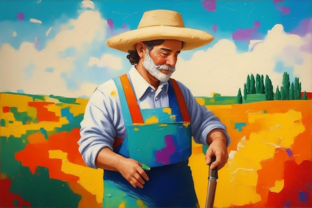 Una pintura al óleo de un granjero en un campo.