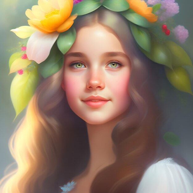 Pintura al óleo de una hermosa princesa de hadas de primavera con una corona de flores