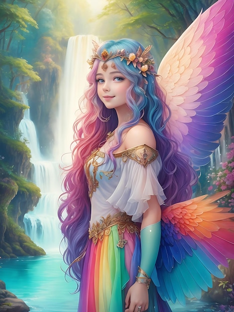 Pintura al óleo de una hermosa princesa mujer con mejillas rosadas alas de ángel arco iris cabello de pez generado por IA