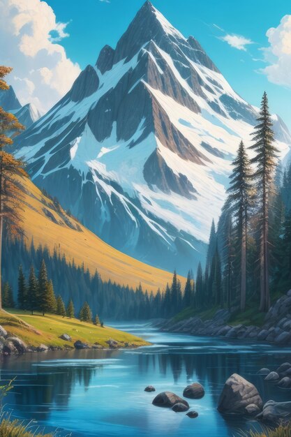 pintura al óleo de hermosos paisajes de primavera bosques montañas de nieve y ríos en lienzo