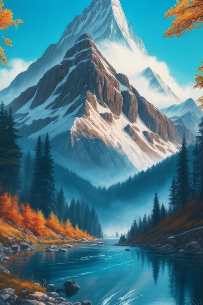 pintura al óleo de hermosos paisajes de primavera bosques montañas de nieve y ríos en lienzo