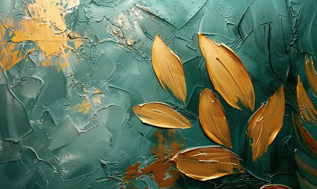 Pintura al óleo de hojas doradas sobre un fondo verde