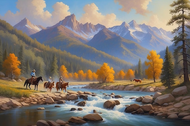 Pintura al óleo imagen artística de un paisaje imagen de las montañas de Tennessee vaqueros y estilo occidental con un río y caballos