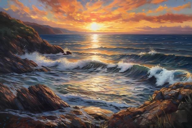 Pintura al óleo de una impresionante puesta de sol sobre la ilustración de arte digital del océano