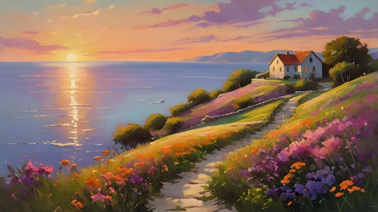 Pintura al óleo impresionista pinceladas vibrantes nubes suaves y esponjosas sobre el agua set rural idílico