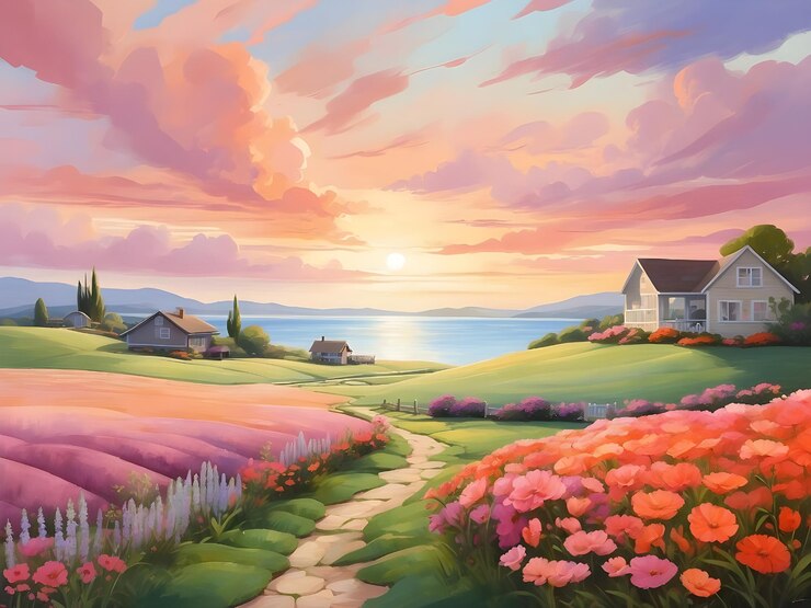 Pintura al óleo impresionista pinceladas vibrantes nubes suaves y esponjosas sobre el agua set rural idílico