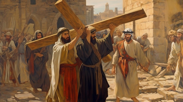 Pintura al óleo de Jesús en la Cruz AI Generativa