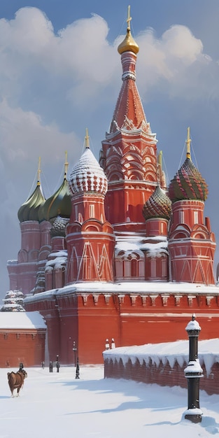 pintura al óleo del Kremlin de Moscú en medio del invierno con las icónicas paredes de ladrillo rojo cubiertas